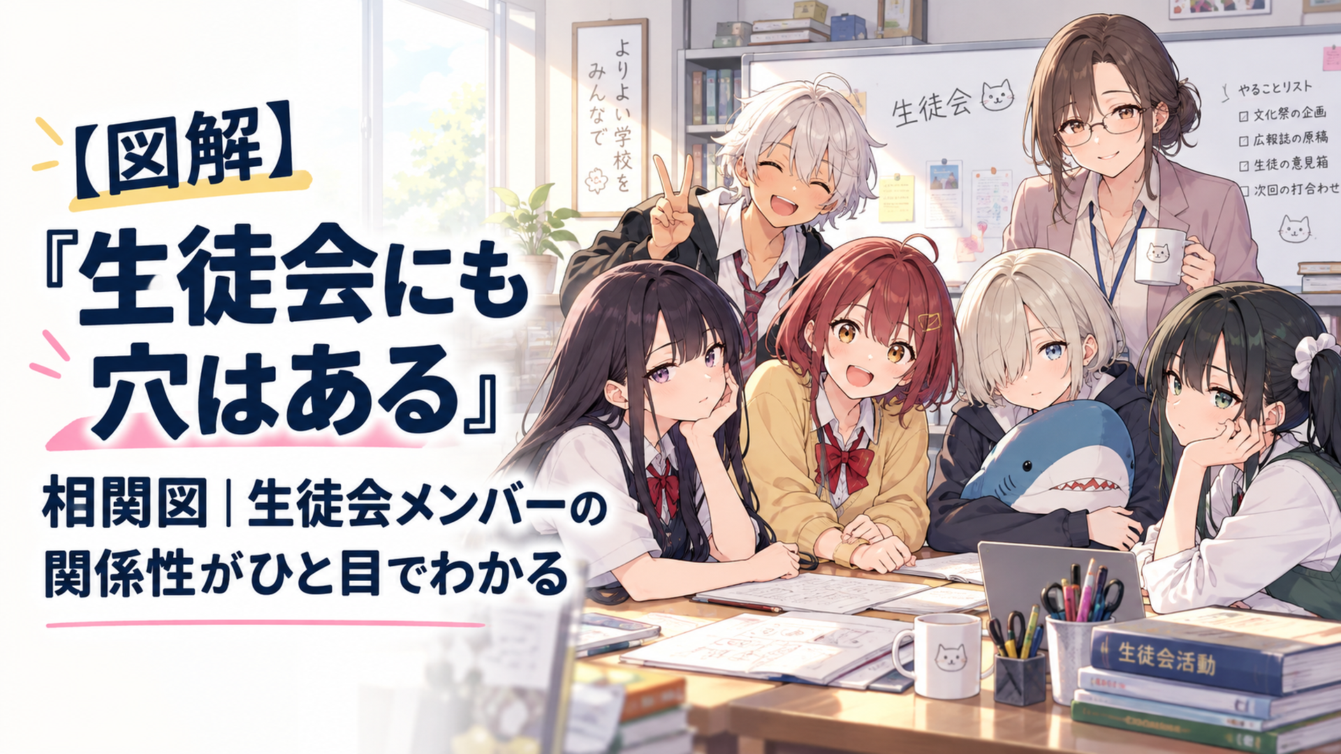 放課後の生徒会室に集まった個性的な生徒会メンバー5人と顧問の女性教師の集合シーン