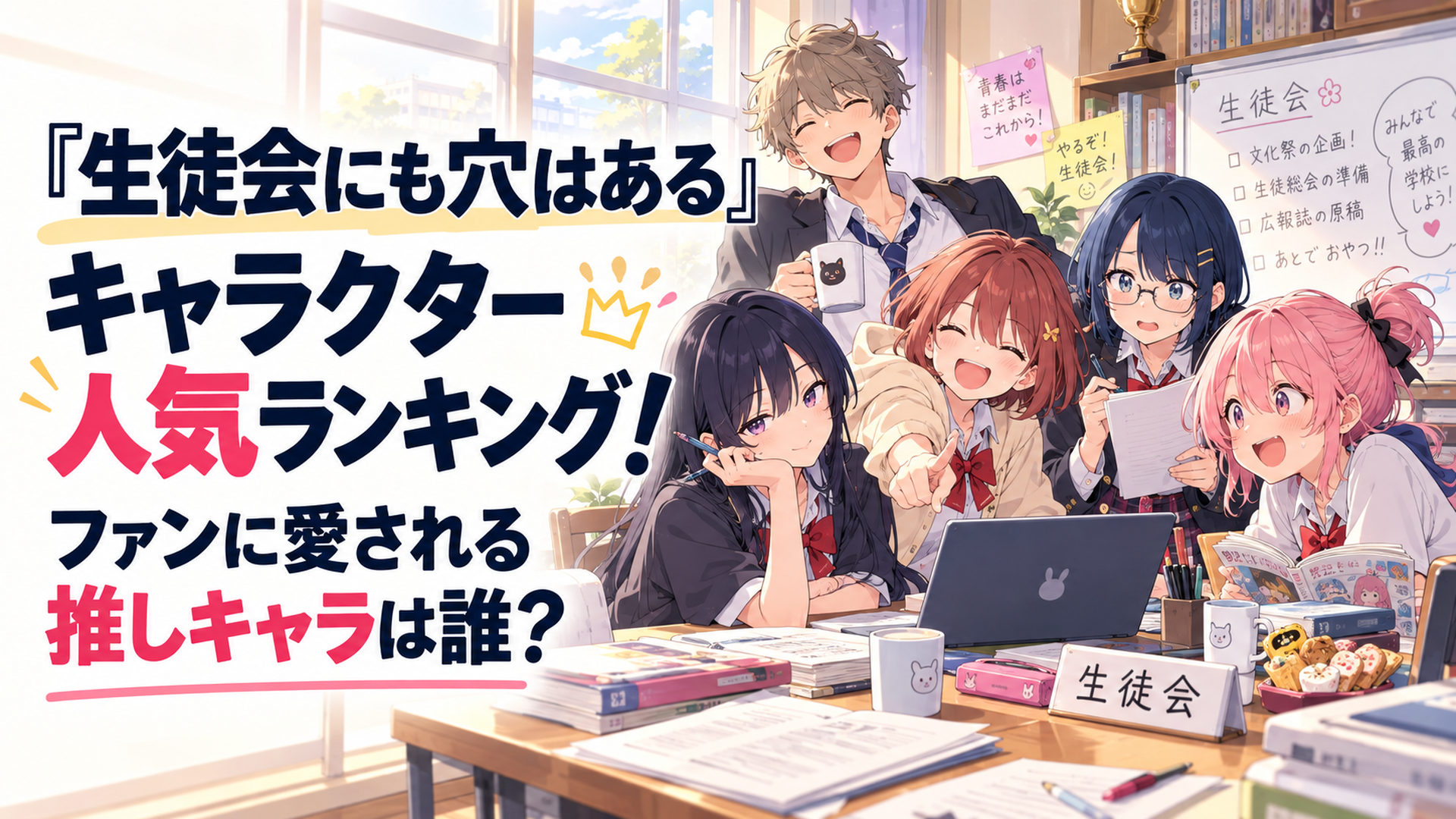 放課後の生徒会室で、個性豊かな生徒会メンバーたちがにぎやかに集まっている明るい学園コメディのワンシーン