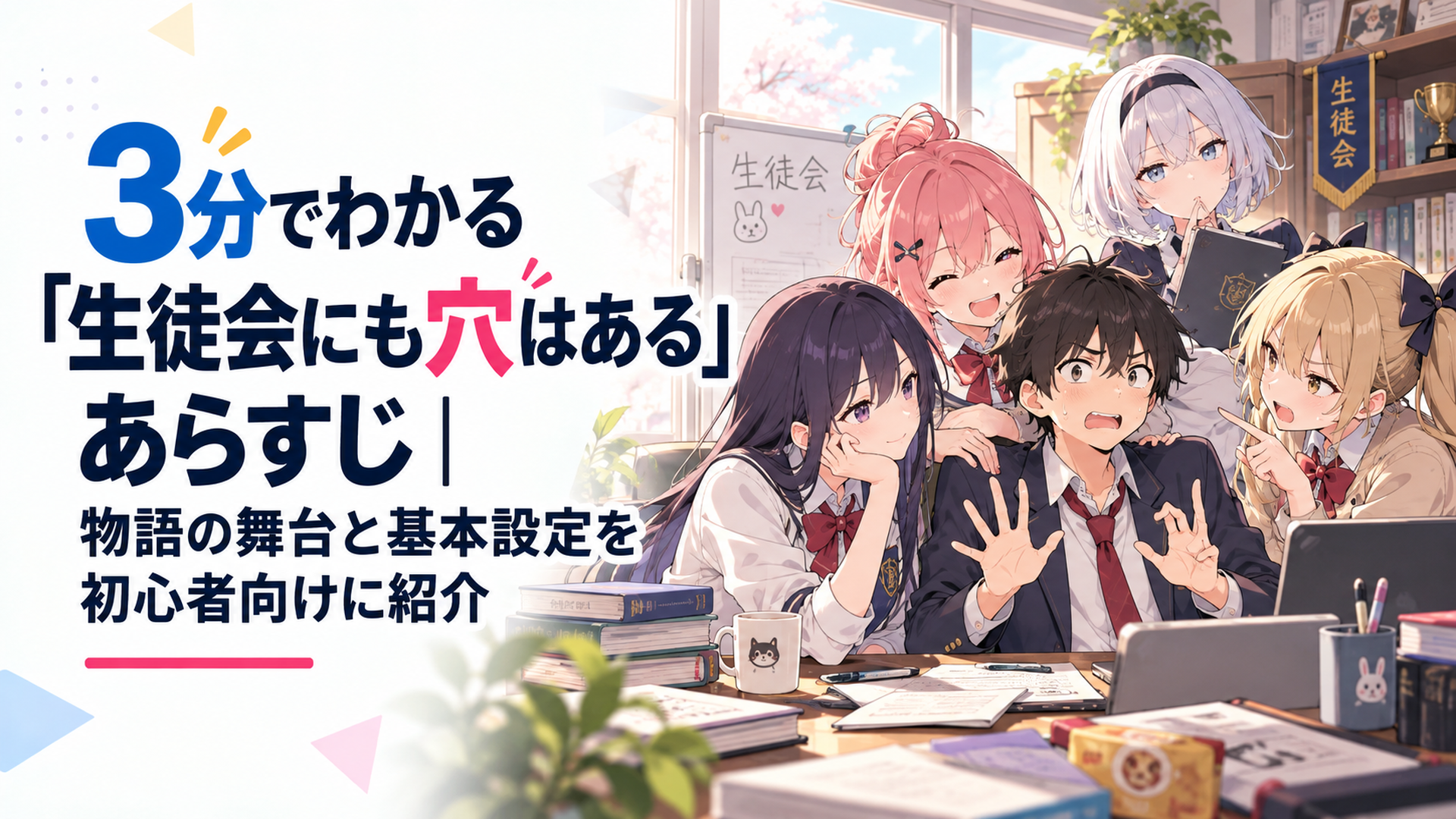放課後の生徒会室で個性豊かな生徒会メンバーに囲まれ、困り顔でツッコミを入れる男子生徒
