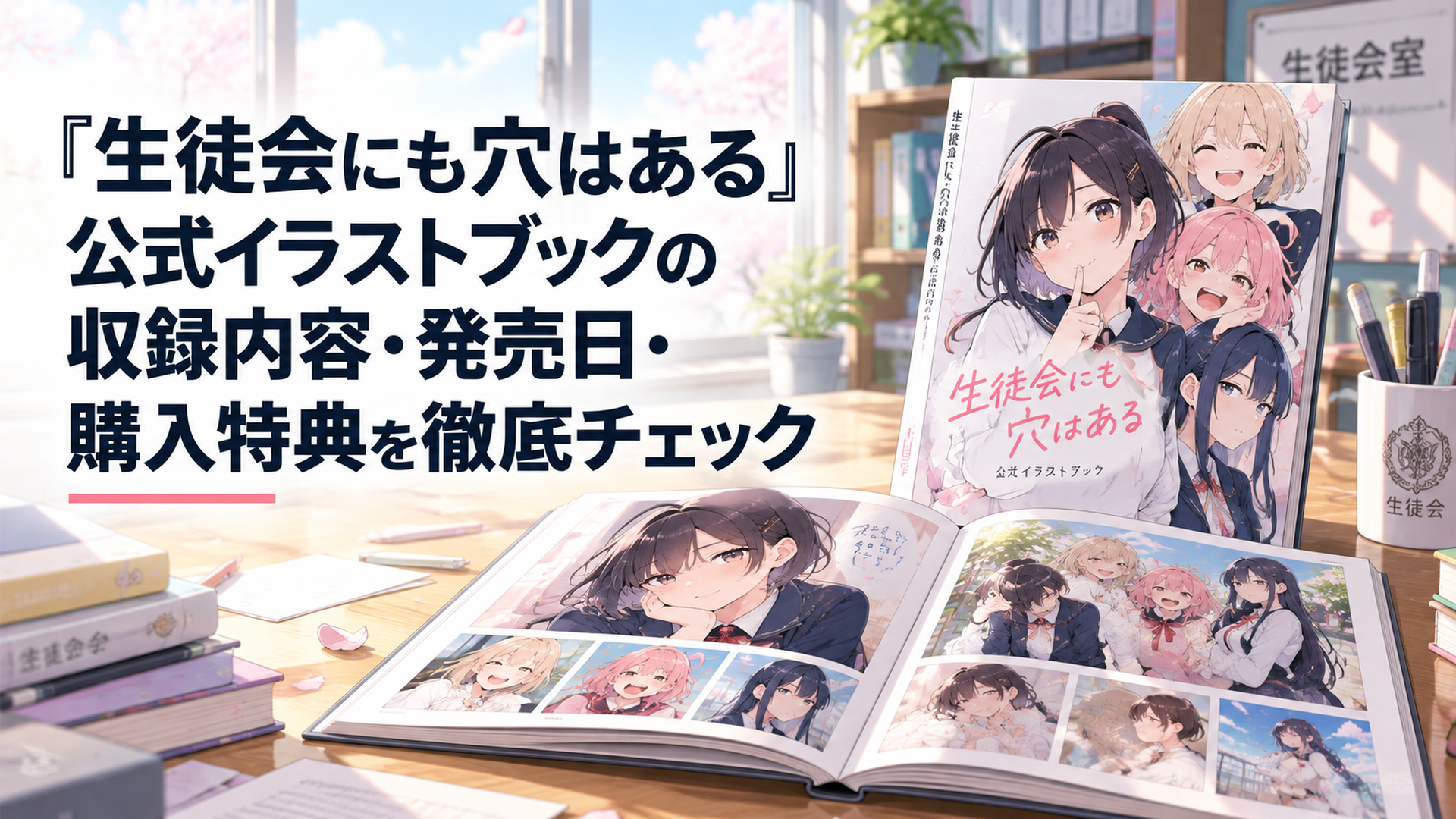学園の生徒会室の机に置かれたフルカラーのイラストブックと、開かれたページに並ぶ色とりどりの学園キャラクターイラスト