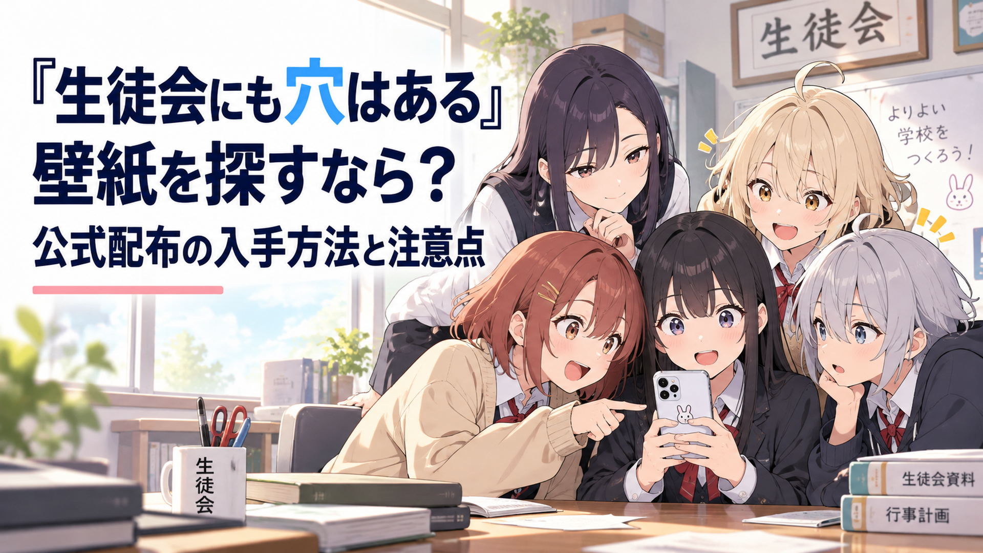 生徒会室で5人の生徒会メンバーがスマホの待ち受け画面をのぞき込むにぎやかなシーン