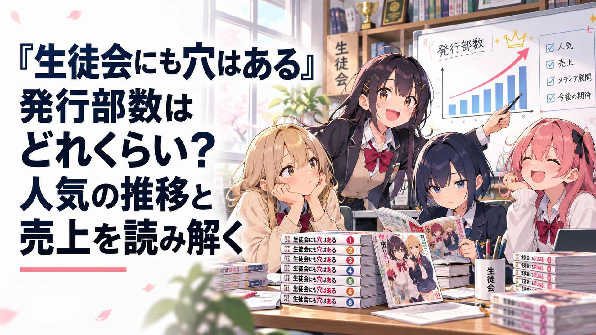 学園の生徒会室に個性的な役員たちが集まり、積み上げられた単行本と右肩上がりのグラフが重なるイメージ