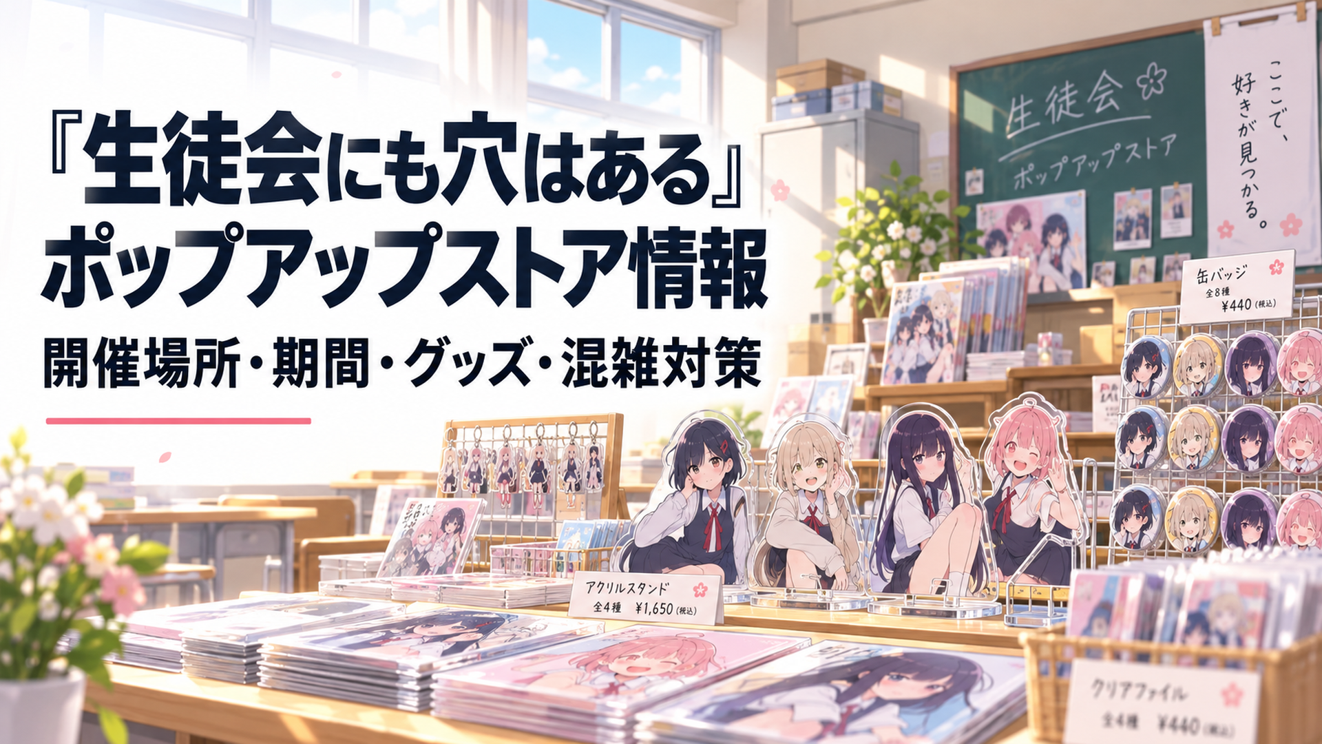 放課後の生徒会室をイメージした明るい売り場に、アクリルスタンドや缶バッジが整然と並ぶポップアップストアの風景
