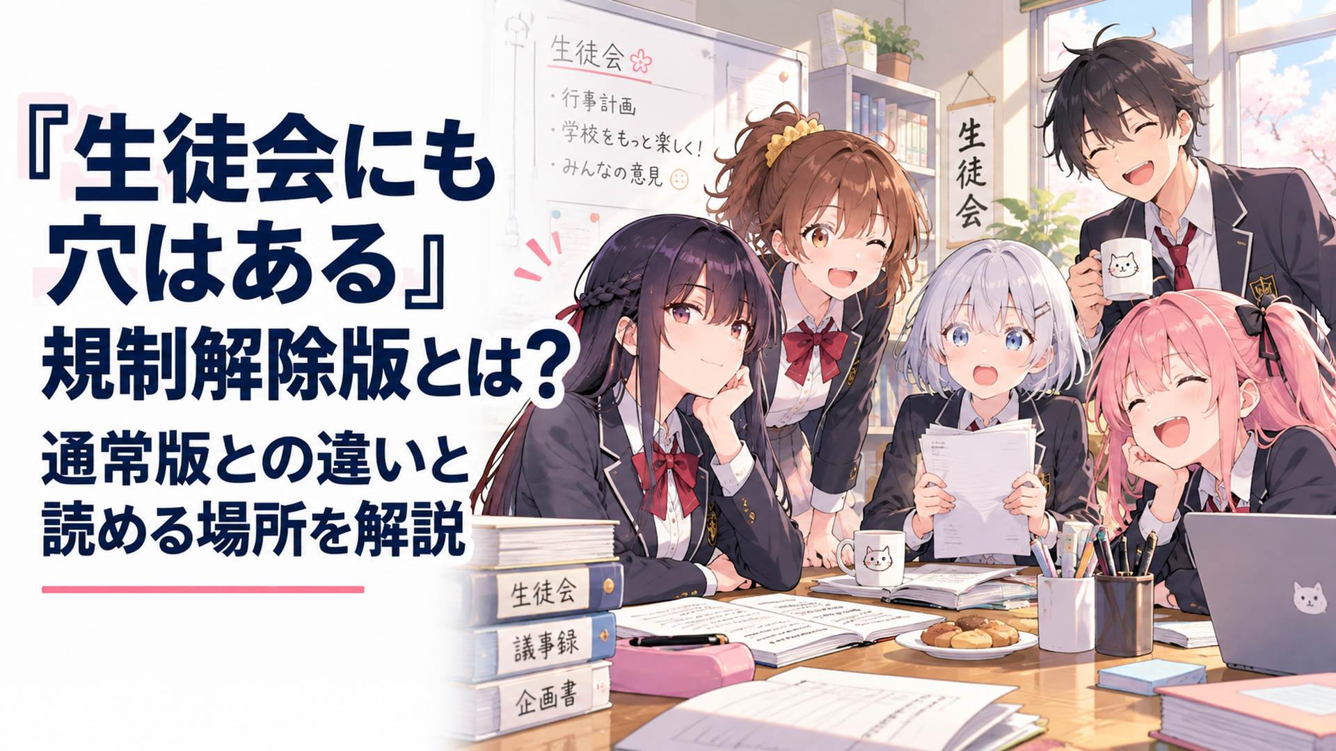 学園の生徒会室で、個性豊かな生徒会メンバーが机を囲んでにぎやかに過ごしている明るいアニメ風イラスト